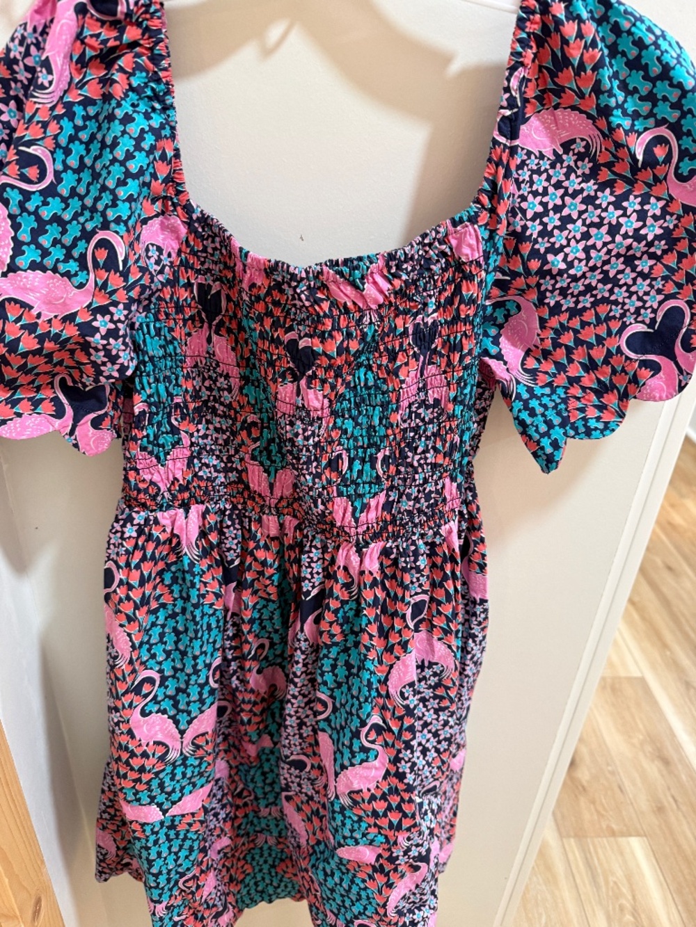 Womens Simply Southern Puff Sleeve dress large NWT Flamingo